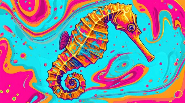 Seahorse in pop-art style graphic, psychedelic colors swirling around its form, Turquoise and Coral Pink background