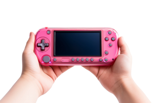 Person Holding Pink Nintendo Wii Game Controller.. On a White or Clear Surface PNG Transparent Background.