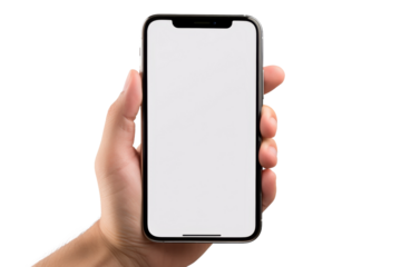 Person Holding Phone. On a White or Clear Surface PNG Transparent Background.