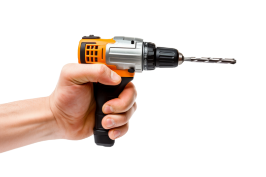 Person Holding Drill in Hand. On a White or Clear Surface PNG Transparent Background.