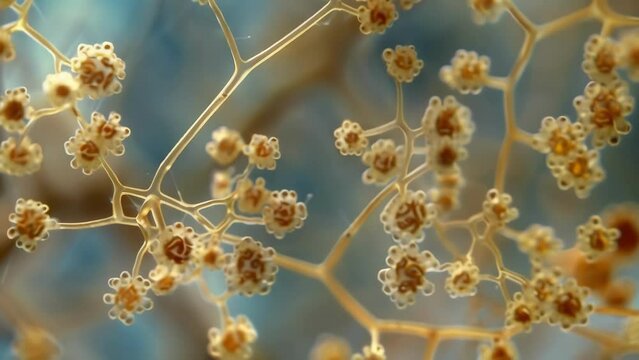 A closeup view of a single conidium showing its spherical shape and the intricate network of branching structures that allow it to . AI generation.