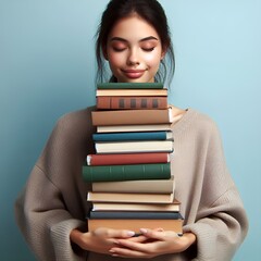 A woman holding a stack of books, showcasing her love for reading and knowledge acquisition