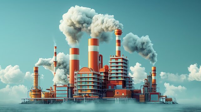 3D illustration of a modern factory with smoke and clouds in the style of a cartoon