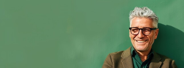 Photo of a smart man in his 20s with short silver hair and black glasses, smiling while using an smartphone mobile phone on a green background with copy space for text. Web banner with copyspace