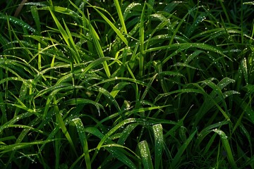 Dew drops glistening on vibrant green grass in soft morning light
