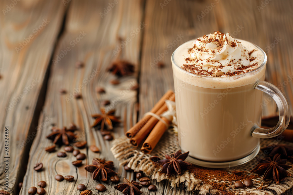 Aufkleber cup of cappuccino and cinnamon on a wooden table. coffee. background image. created with generative 