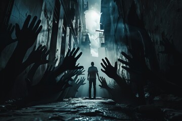 man standing in narrow alley with silhouetted hands reaching towards mystical light
 - obrazy, fototapety, plakaty