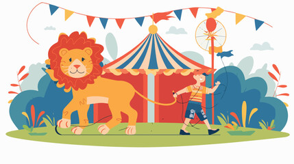 Cartoon tamer train a lion with circus background flat