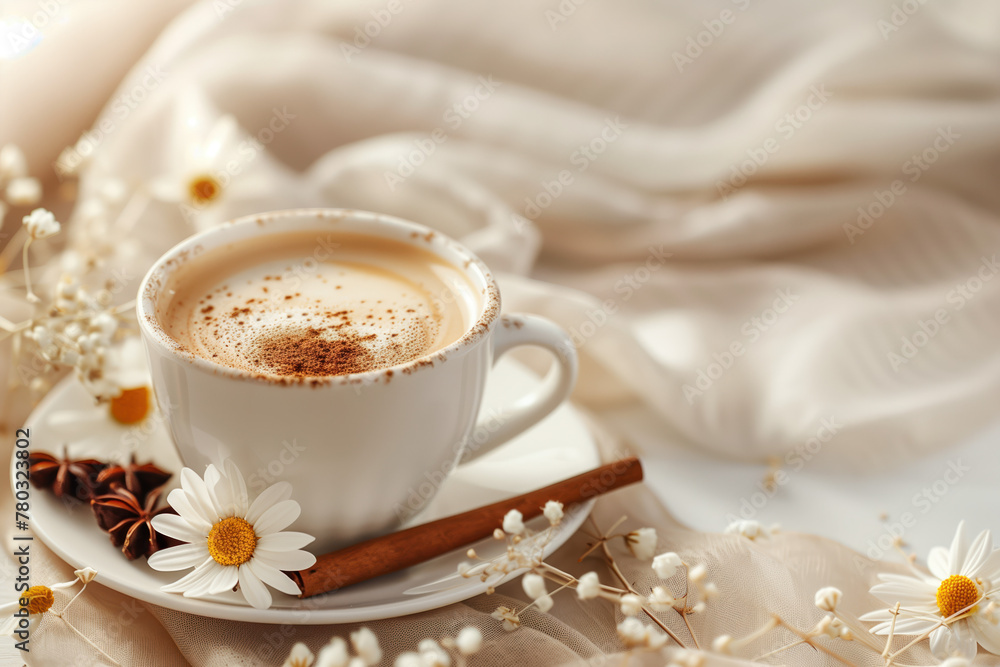 Poster cup of cappuccino and cinnamon on a sheet of soft fabric. cosy mood. coffee. background image. creat