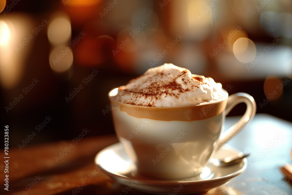 Poster cup of cappuccino with whipped cream on a wooden table in a sun light. soft shadows. coffee. backgro