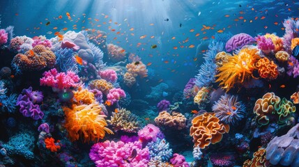 A close-up of a colorful coral reef with diverse marine life, showcasing the richness and fragility of marine ecosystems - obrazy, fototapety, plakaty