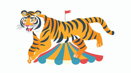 Cartoon tiger jumping through ring with circus tent background