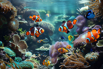 Fototapeta na wymiar Clownfish Haven: The Vibrant Life Underwater