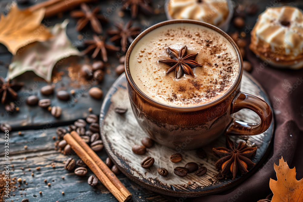 Poster cup of cappuccino and cinnamon on a wooden table. autumn mood. coffee. background image. created wit
