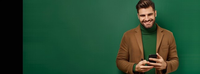 Photo of An elegant man in his 20s with short hair, smiling while using an smartphone mobile phone on a green background with copy space for text or product. Web banner with copyspace