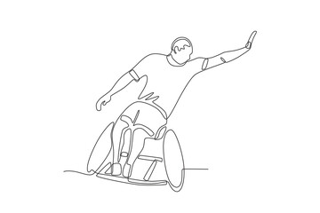 Disabled basketball athlete blocking the ball.Parasport one-line drawing