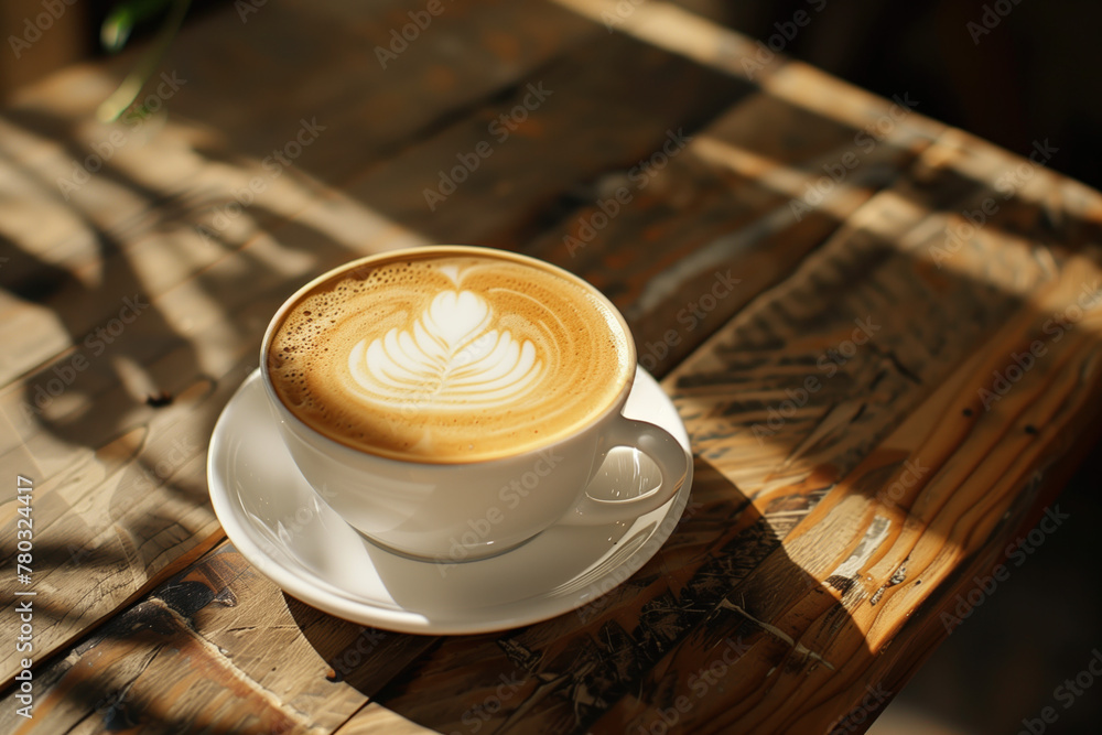 Aufkleber cup of cappuccino on a wooden table in a sun light. soft shadows. coffee. background image. created 