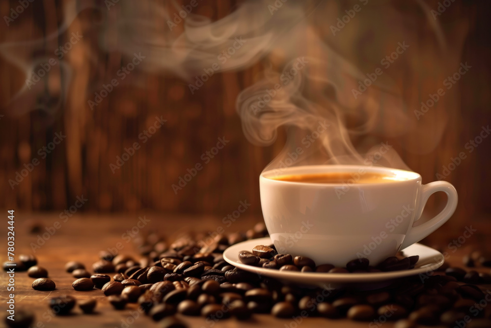 Poster cup of hot coffee with coffee beans. coffee. background image with space for text. created with gene