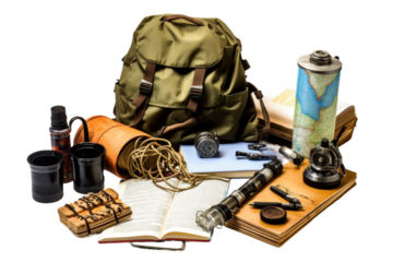 Arrangement of Backpack, Book, and Various Items on Table. On a White or Clear Surface PNG Transparent Background.