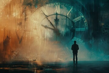 A man stands in front of an ancient clock, as time is running out in this conceptual, surreal fantasy illustration done in the style of dreamy color - obrazy, fototapety, plakaty