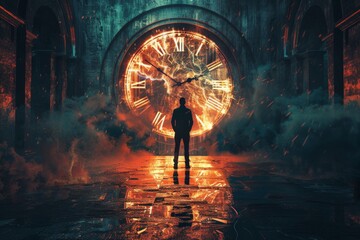 A man stands in front of an ancient clock, as time is running out in this conceptual, surreal fantasy illustration done in the style of dreamy color - obrazy, fototapety, plakaty