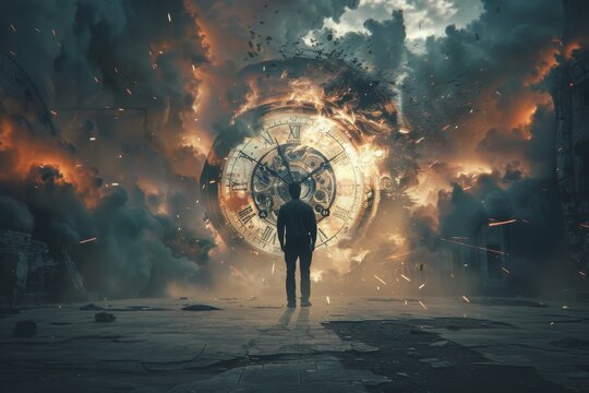 A man stands in front of an ancient clock, as time is running out in this conceptual, surreal fantasy illustration done in the style of dreamy color