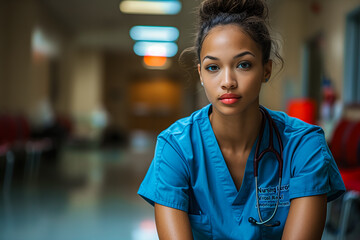 Nurse in Scrubs Sitting in Hospital Hallway