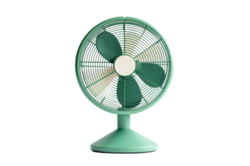 Green Table Fan on White Background. On a White or Clear Surface PNG Transparent Background.