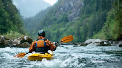 Foto op Plexiglas Outdoor adventurers crave the thrill of exploration, seeking out new trails, peaks, and waterways to conquer and conquer their fears with kayaking © EmmaStock
