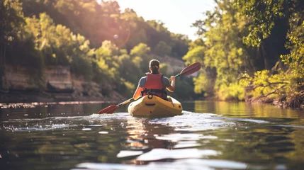 Foto op Plexiglas Outdoor adventurers crave the thrill of exploration, seeking out new trails, peaks, and waterways to conquer and conquer their fears with kayaking © EmmaStock