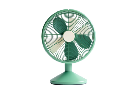 Green Table Fan on White Background. On a White or Clear Surface PNG Transparent Background.