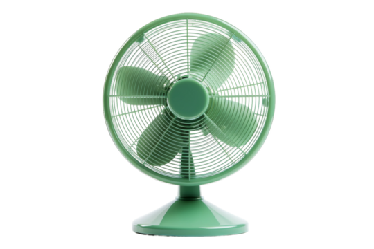 Green Table Fan on White Background. On a White or Clear Surface PNG Transparent Background.