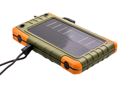 Solar Powered Device With Attached Cord. On a White or Clear Surface PNG Transparent Background.