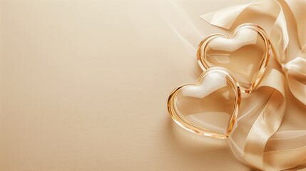 Elegant golden heart-shaped rings on luxurious silky fabric background