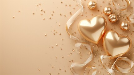 Elegant golden hearts and ribbons on a beige background with sparkles