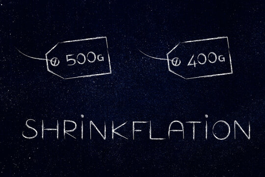 Shrinkflation design with product weight labels, products getting smaller for the same price due to Inflation