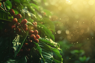 Coffee beans growing on a Coffea Arabica plant. Warm sun light. Background image with space for text. Created with Generative AI technology. - obrazy, fototapety, plakaty