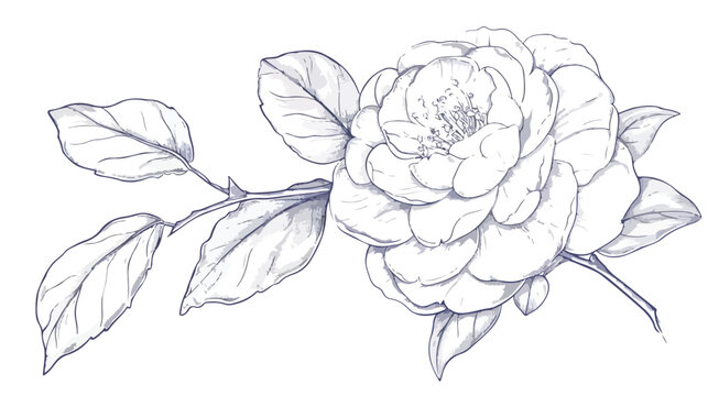 Camellia flower hand drawn illustration. Line-art