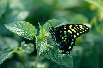 emerald swallowtail butterfly delicately perched on lush green foliage
