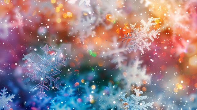 Abstract colors holiday background new year snow flakes. Mixed media.