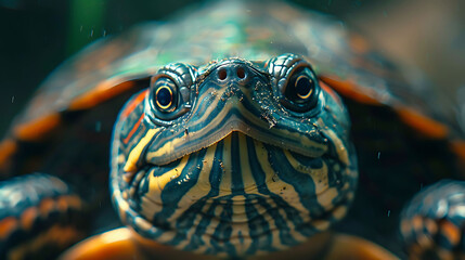 closeup of a Turtle sitting calmly, hyperrealistic animal photography, copy space for writing