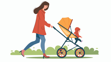 Cartoon a mother pushing a baby stroller flat vector i