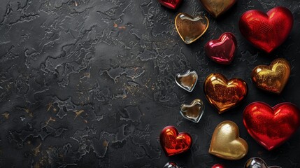 Assorted metallic heart-shaped decorations on a textured black background - obrazy, fototapety, plakaty