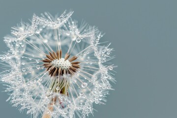 dew speckled dandelion against soft grey backdrop macro view
