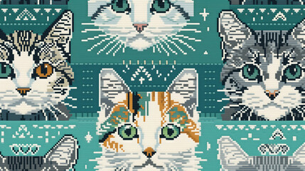 Cat Cross Stitch Pattern Wallpaper - obrazy, fototapety, plakaty