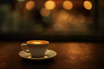 Cup of coffee on a wooden table. Bokeh. Background image. Created with Generative AI technology.