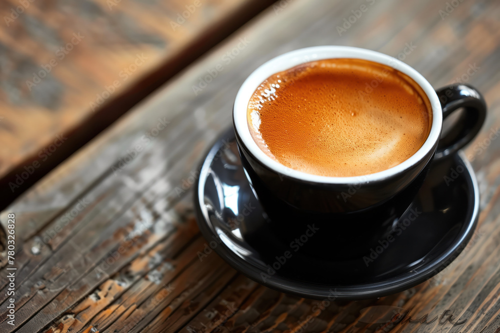 Poster cup of espresso on a wooden table. coffee. background image. created with generative ai technology.