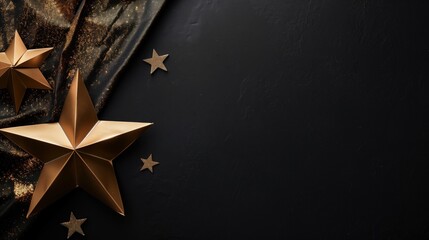 Elegant golden stars on dark textured background with luxurious fabric. - obrazy, fototapety, plakaty