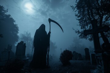 Mystical Grim Reaper in Foggy Cemetery at Night, Spooky Halloween Concept
 - obrazy, fototapety, plakaty