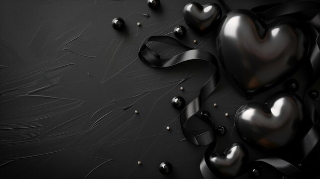 Shiny black hearts and ribbons on a textured dark background